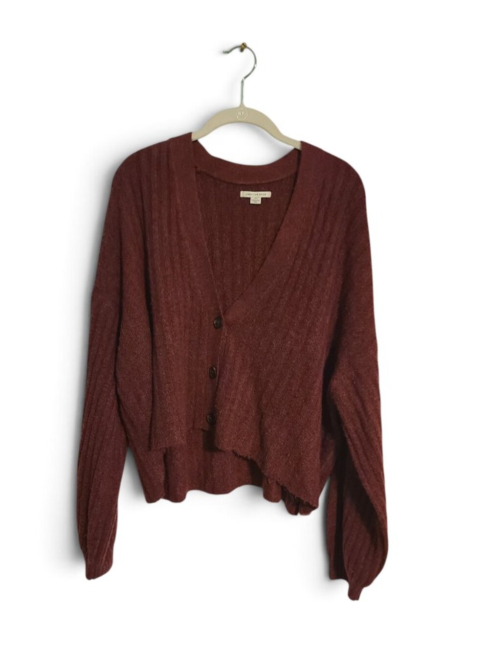 American Eagle Outfitters Burgundy Ribbed Crop Oversized Cardigan Sweater Womens